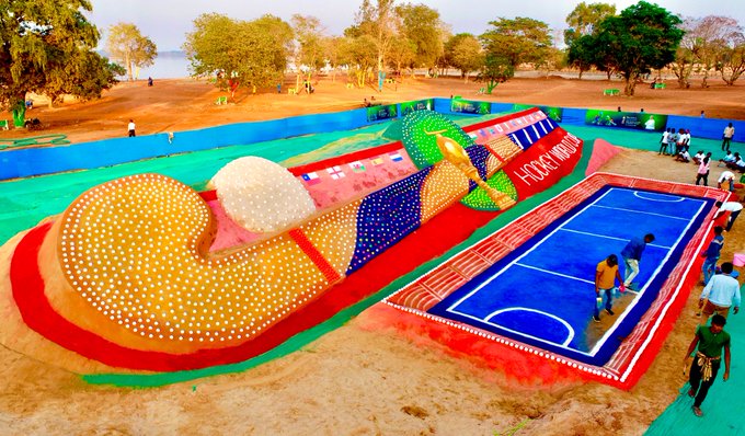 Renowned sand artist Sudarsan Pattnaik builds worlds largest hockey stick