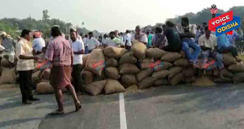 ରାସ୍ତାରେ ଧାନ ବସ୍ତା ରଖି ଚାଷୀଙ୍କ ବିକ୍ଷୋଭ
